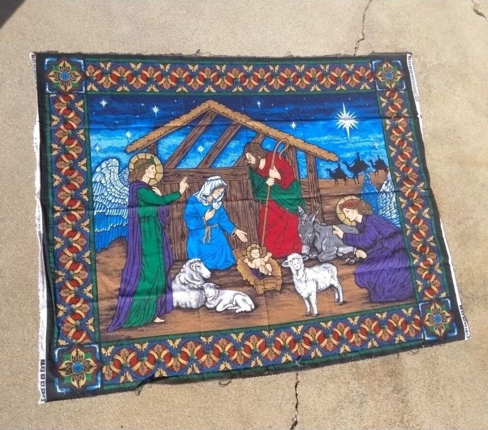Vtg Cranston Print Works Fabric Panel Nativity 2004 Manger Christmas Sewing